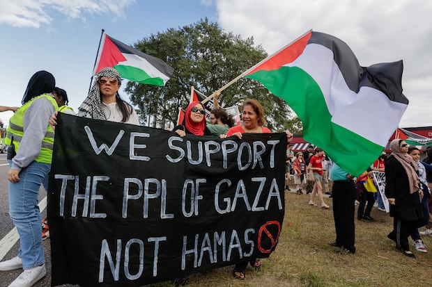 Protesters gathered and marched along Fowler Avenue in support of the Palestinian people in October 2023 in Tampa. The event came a day after Gov. Ron DeSantis ordered a pro-Palestinian student group to disband at USF and UF.