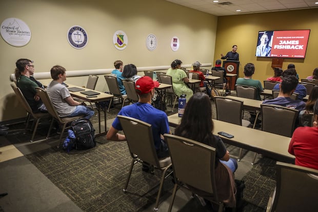 Students attend a meeting of USF’s Turning Point USA chapter as James Fishback, a conservative investor who has since announced a run for governor, speaks at the Marshall Student Center on Oct. 6.