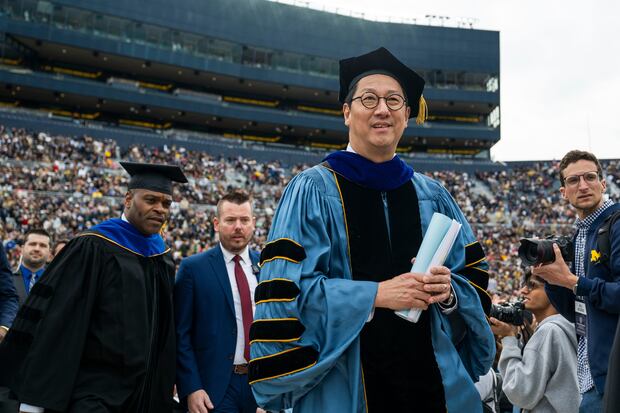 University of Michigan President Santa Ono appears at commencement on May 3 in Ann Arbor, Michigan. University of Michigan President Santa Ono appears at commencement on May 3 in Ann Arbor, Michigan.